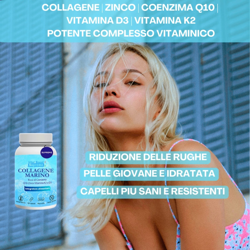 Integratore al collagene marino: riduce rughe, illumina la pelle, rafforza unghie e capelli, donando una bellezza naturale e un aspetto giovane e radioso.