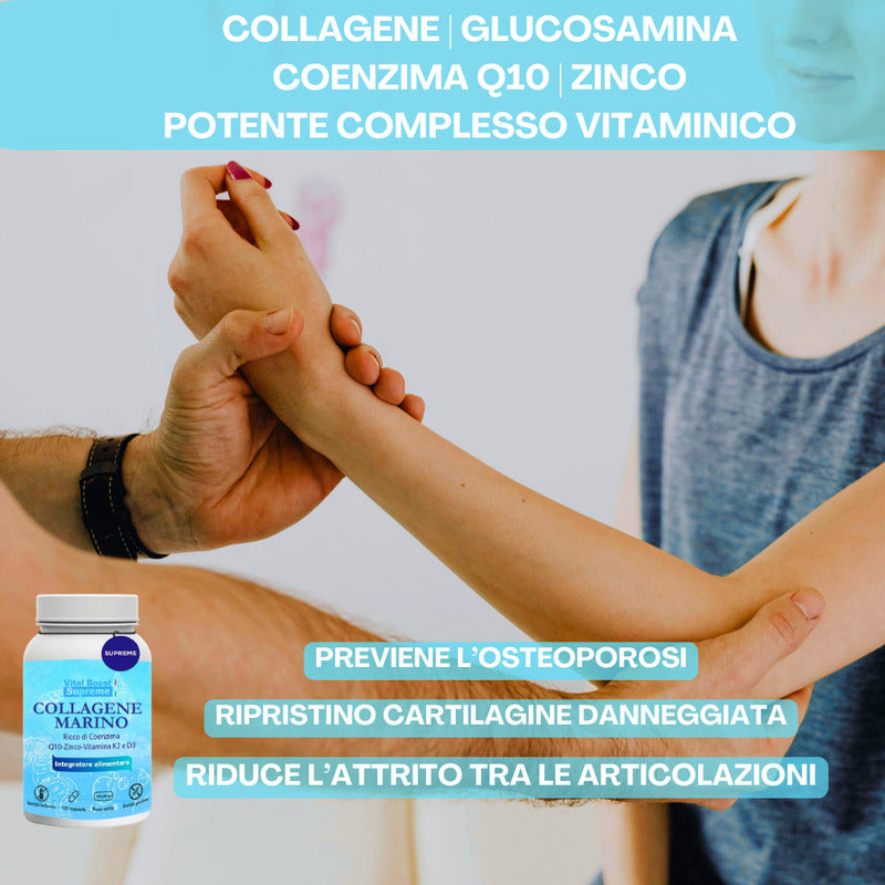 Integratore con collagene marino, glucosamina, MSM e Q10: sostiene articolazioni e pelle, migliora flessibilità, elasticità e dona una bellezza radiosa.