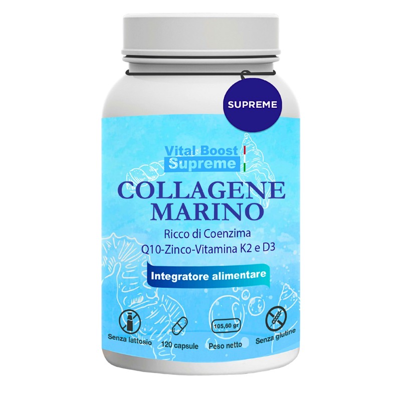 collagene marino idrolizzato  con acido ialuronico ricco di coenzima q10 zinco vitamina k2 e d3